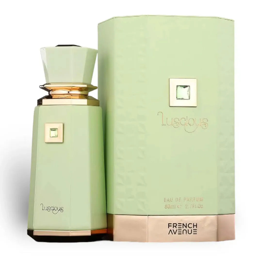 Perfume French Avenue Luscious Fragrance World 100ml botella elegante sobre fondo blanco