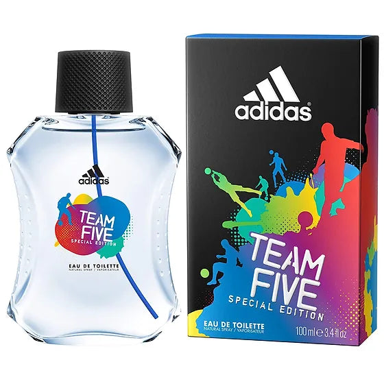 Adidas Team Five EDT 100 ml perfume masculino aroma energético y moderno combinación de frutas frescas especias suaves y notas amaderadas ideal para deporte y uso diario