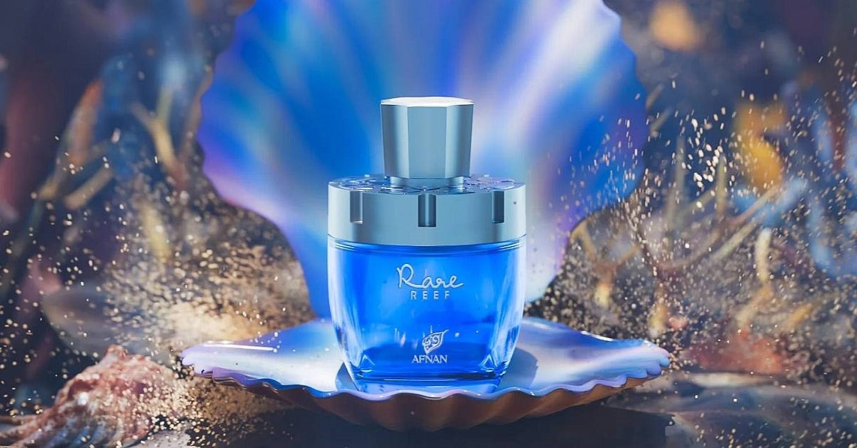 Perfume Afnan Rare Reef Extrait De Parfum 100ml frasco inspirado en arrecifes con detalles dorados