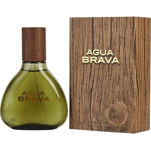 envase del perfume agua brava 100ml masculino sobre fondo blanco con líneas elegantes y tapa oscura