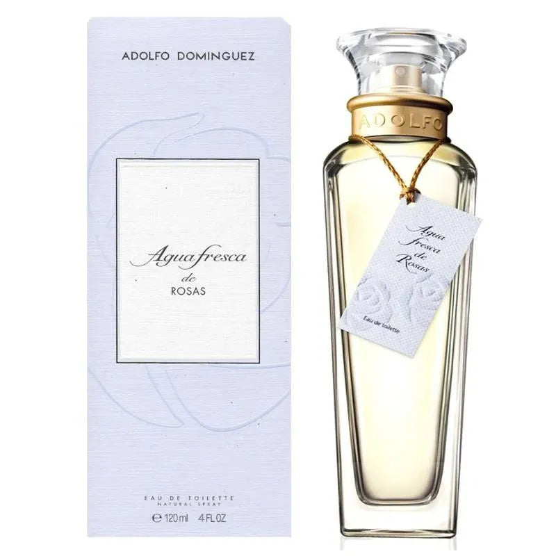 envase del perfume femenino agua fresca de rosas adolfo dominguez edt sobre fondo blanco