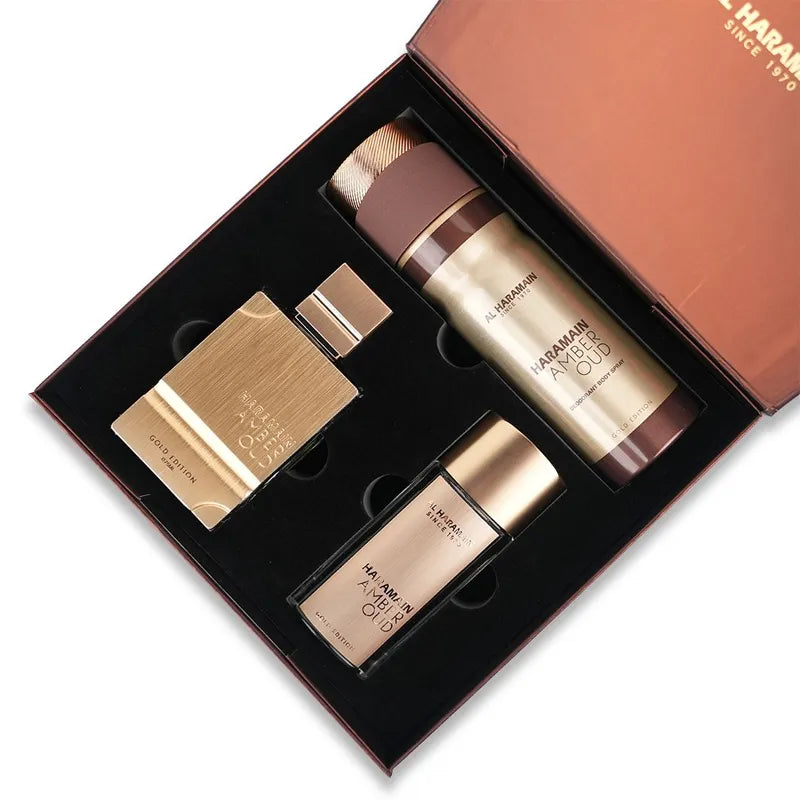 Al Haramain Amber Oud Gold Edition set perfume con notas de azafrán vainilla y maderas nobles