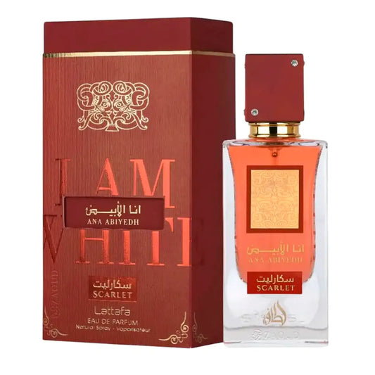 Perfume Ana Abiyedh Scarlet de Lattafa 100ml frasco elegante color rojo con tapa dorada sobre fondo blanco mostrando su diseño distintivo