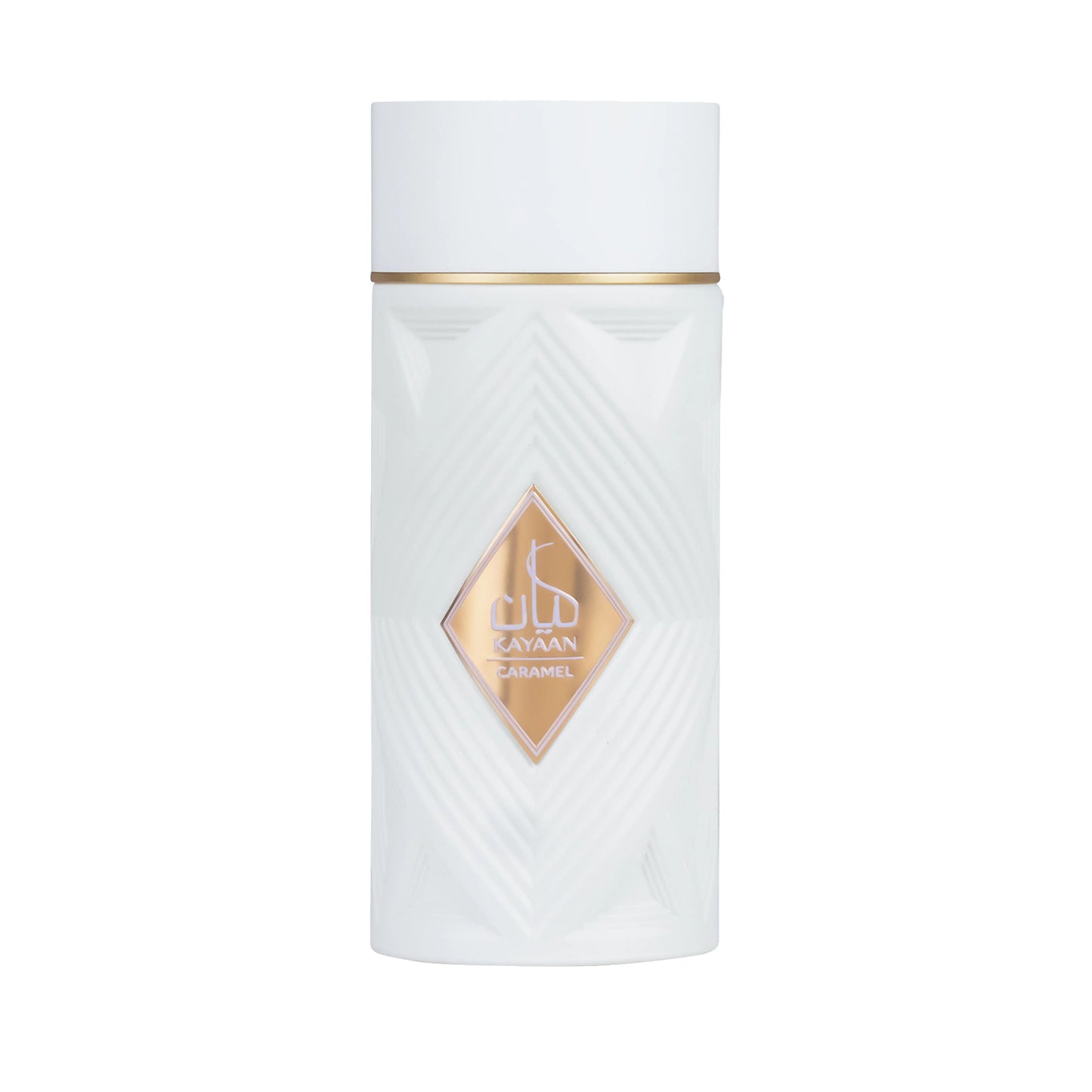 Botella del perfume Kayaan Caramel Ansam de Armaf en vista frontal mostrando el diseño elegante y tapa metálica