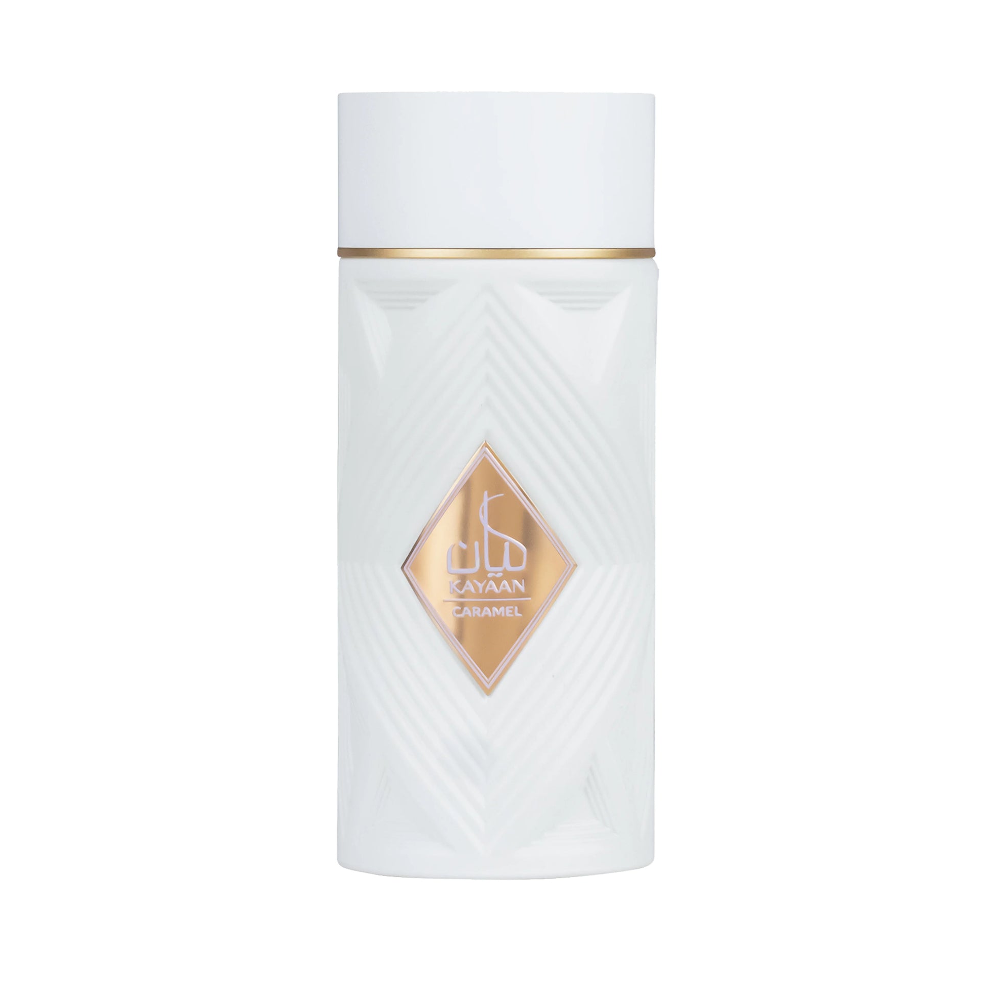 Botella del perfume Kayaan Caramel Ansam de Armaf en vista frontal mostrando el diseño elegante y tapa metálica