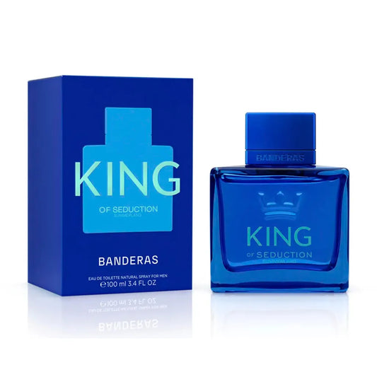 Perfume Antonio Banderas King Of Seduction Summerland 100ml con frasco azul translúcido sobre fondo blanco