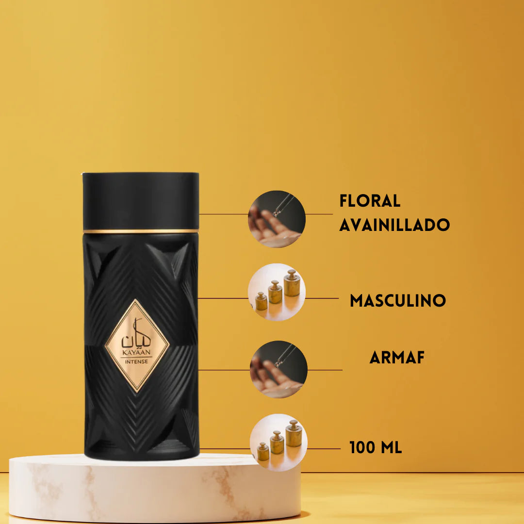 presentacion del perfume armaf kayaan intense eau de parfum 100 ml con frasco y caja organizados