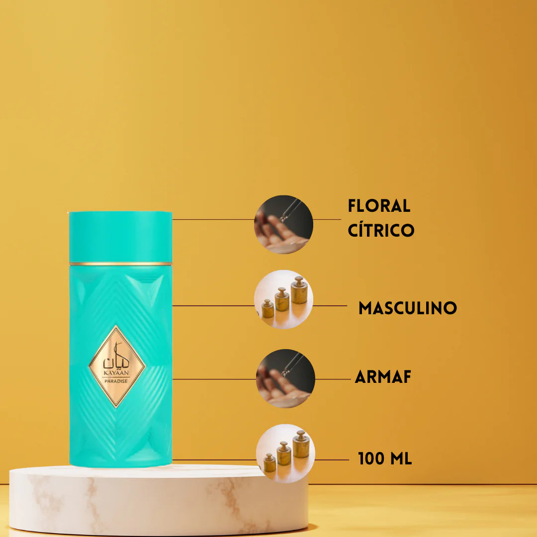 presentacion del perfume armaf kayaan paradise eau de parfum 100 ml con frasco y caja organizados