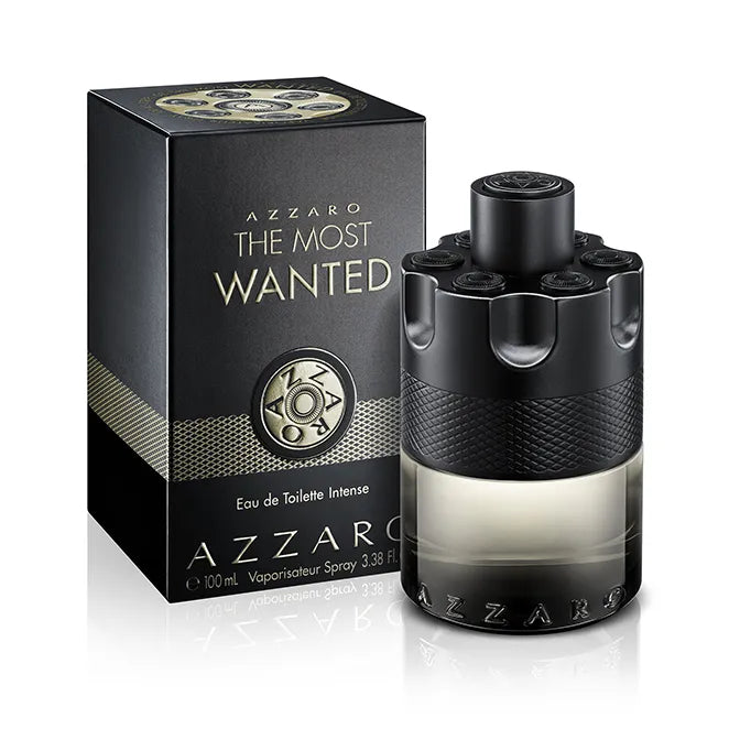 envase del perfume masculino azzaro the most wanted edt intense 100ml sobre fondo blanco