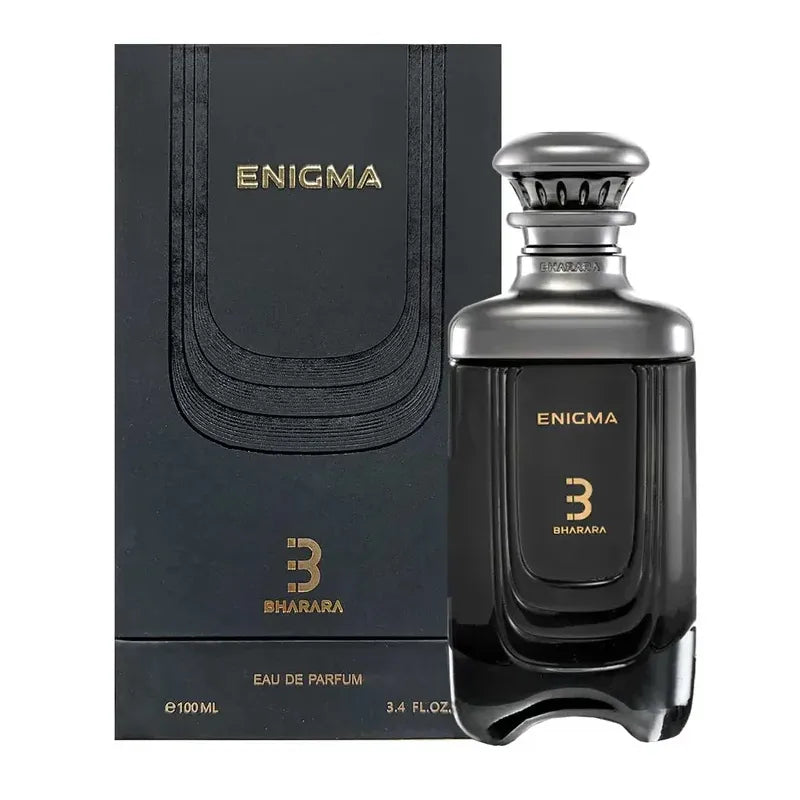 envase del perfume bharara enigma edp 100ml sobre fondo blanco con tapa metálica