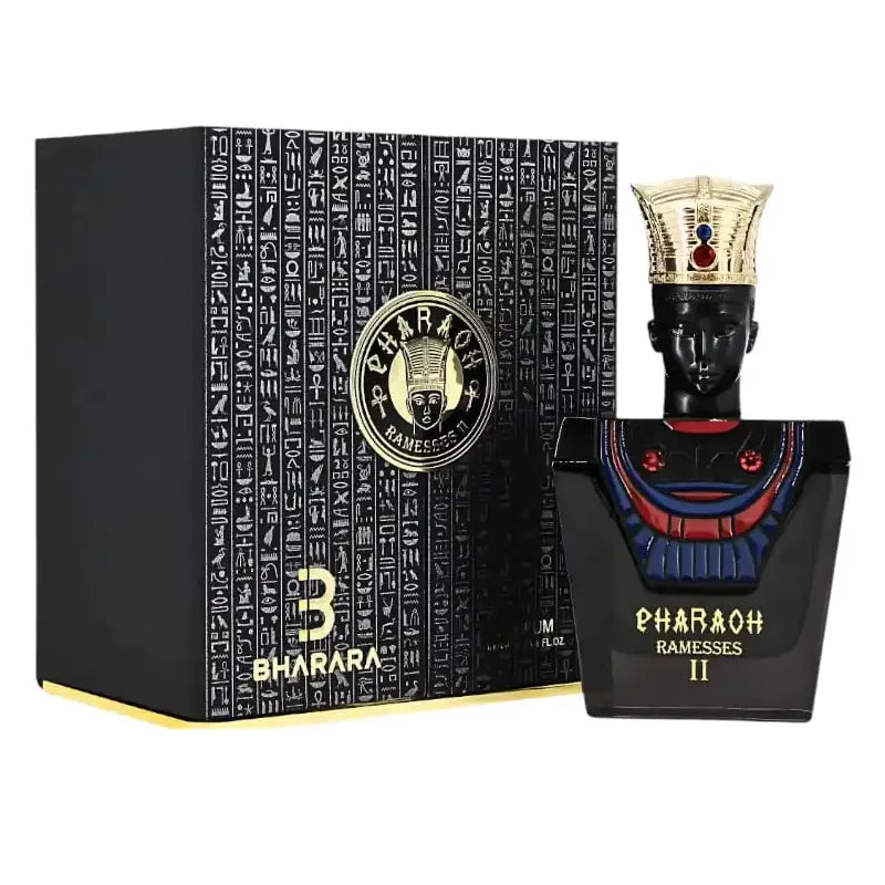 envase del perfume bharara pharaoh ramesses 2 de 100ml sobre fondo blanco con estética lujosa