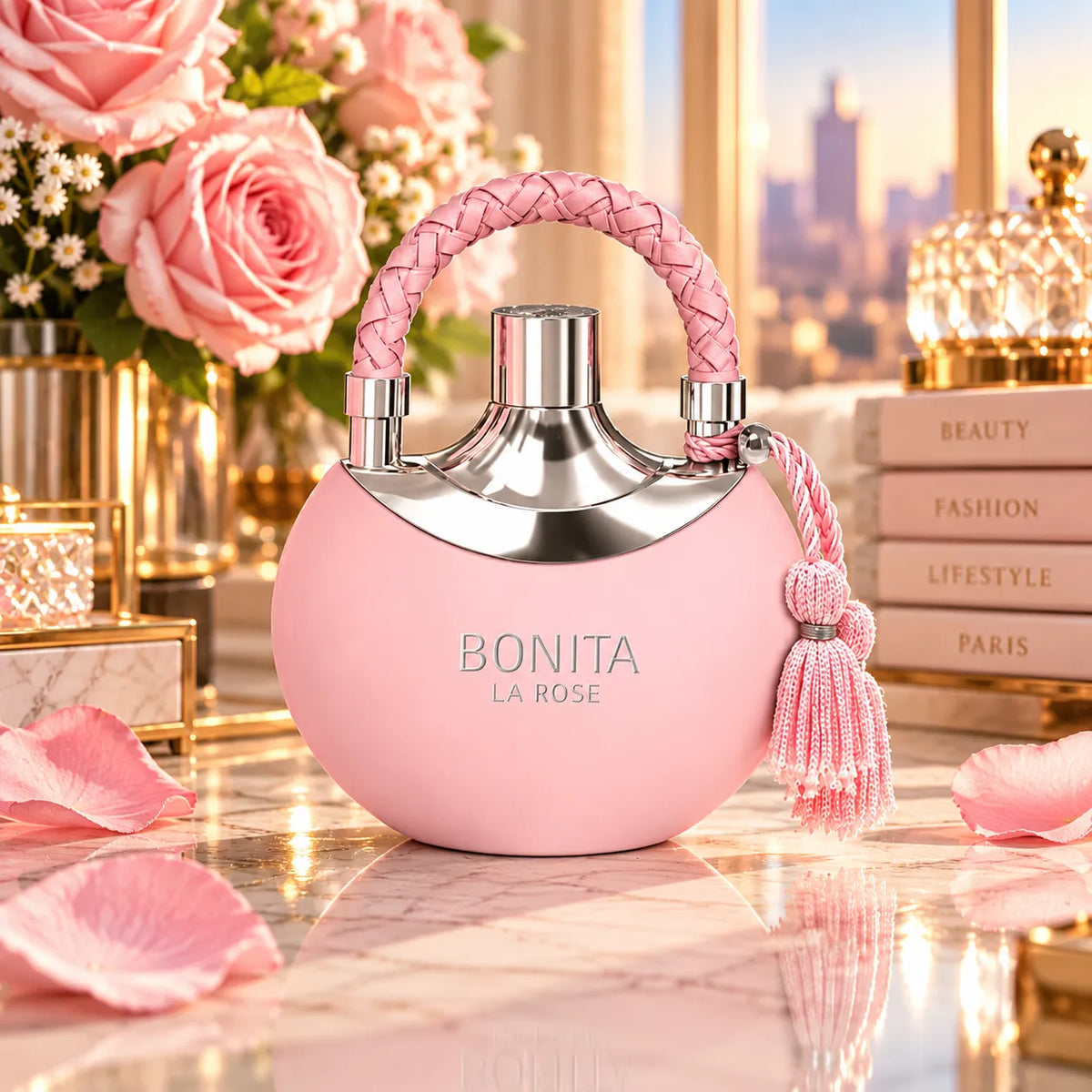 vista completa de le falconé bonita la rose edp 90 ml, fragancia floral frutal femenina