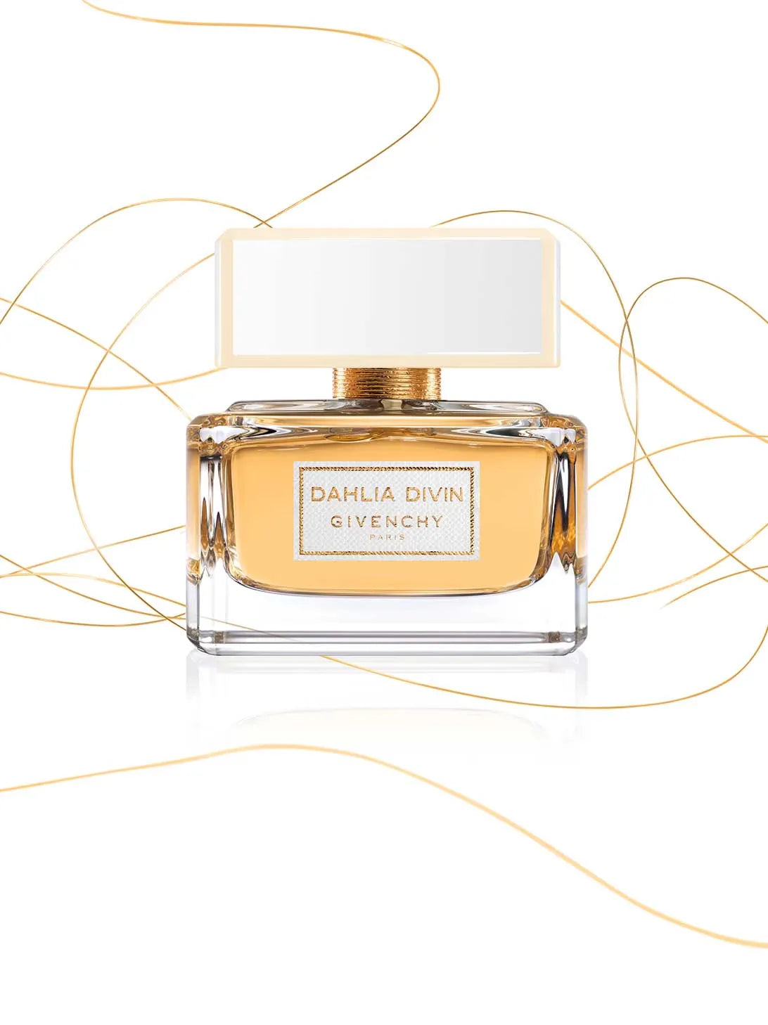Fragancia femenina Givenchy Dahlia Divin aroma floral amaderado en frasco elegante color dorado