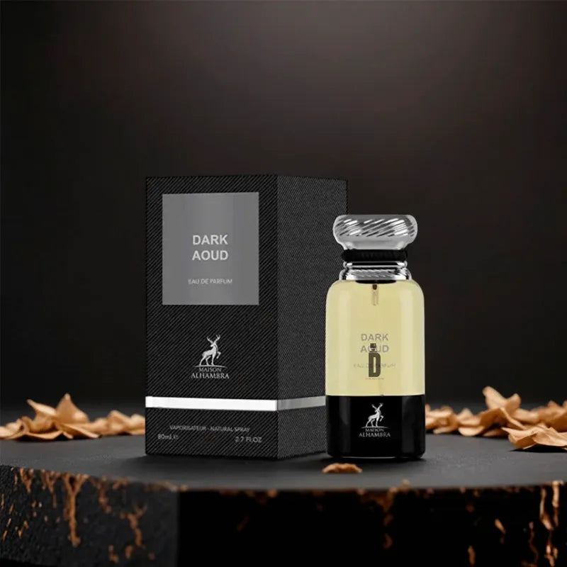 Perfume Maison Alhambra Dark Oud 80 ml vista frontal del frasco