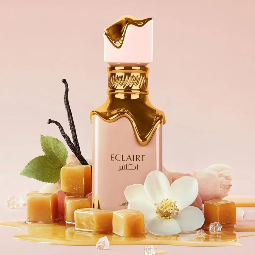 Fragancia femenina Lattafa Eclaire 100ml Eau De Parfum con familia olfativa floral frutal gourmand y fondo de almizcle praline y vainilla