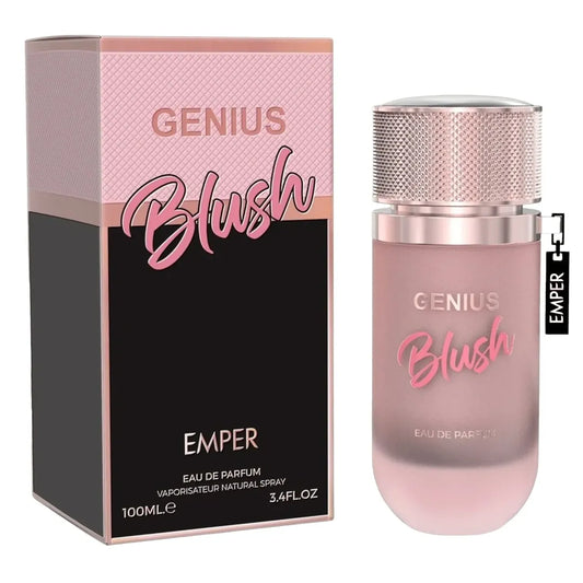 Perfume Emper Genius Blush 100ml Eau De Parfum con frasco rosado elegante y fondo claro