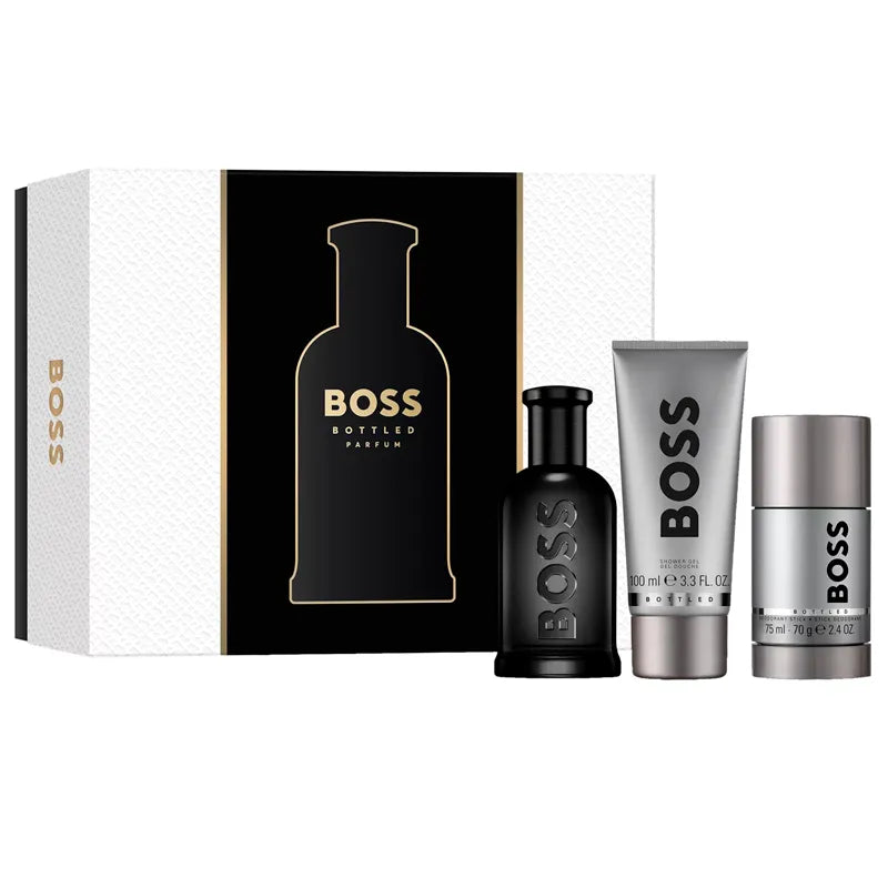 Estuche negro Boss Bottled Parfum Hugo Boss 100ml con frasco cuadrado y accesorios
