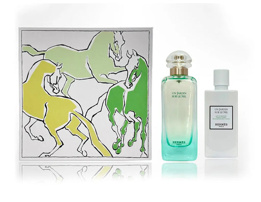 Set Un Jardin Sur Le Nil Hermès 100ml con perfume y accesorios en caja elegante color verde