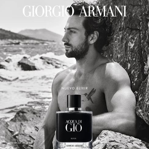 Fragancia masculina Armani Acqua Di Gio Elixir con notas de bergamota pachulí y vainilla