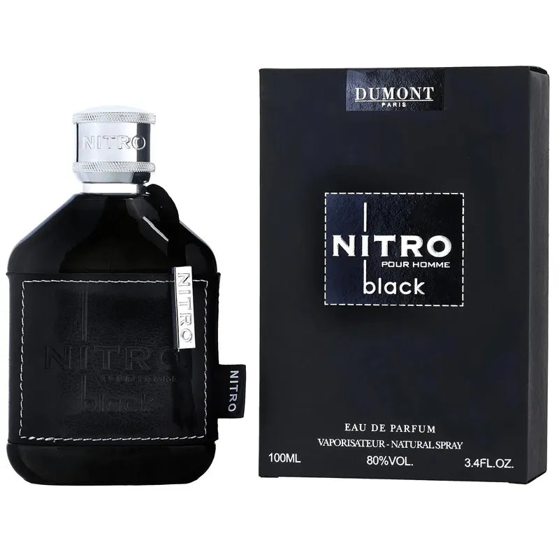 Fragancia masculina Dumont Nitro Black con notas de cuero y pimienta en empaque premium
