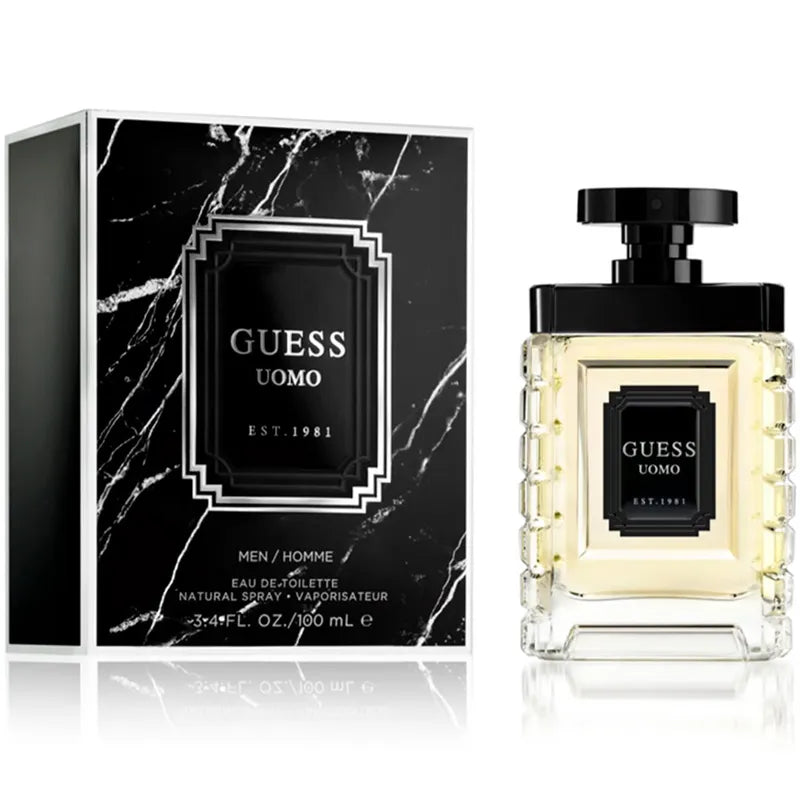 Fragancia Guess Uomo para hombre EDT 100 ml perfume con esencia fresca de limón cardamomo y vetiver terminación amaderada y elegante para un aroma duradero y sofisticado