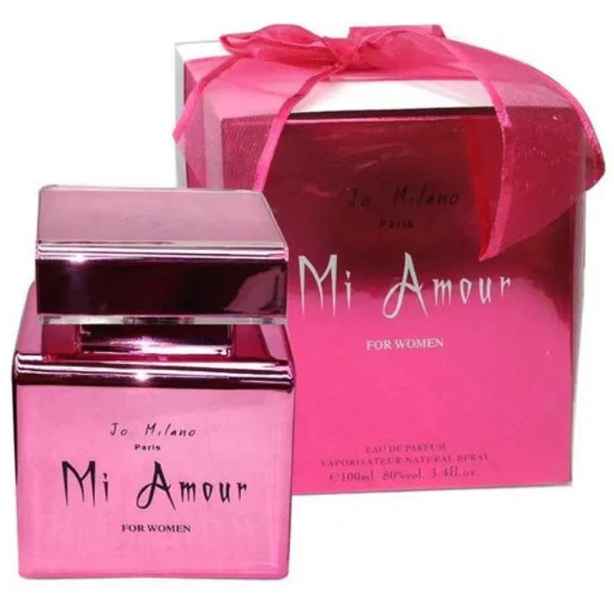 perfume femenino mi amour jo milano 100ml eau de parfum con diseño glamuroso y combinación de frutas flores blancas y vainilla