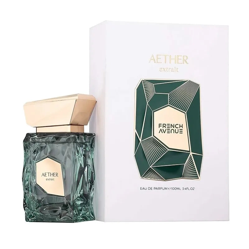 Perfume Aether Extrait French Avenue 100ml exhibido sobre fondo oscuro con notas olfativas intensas