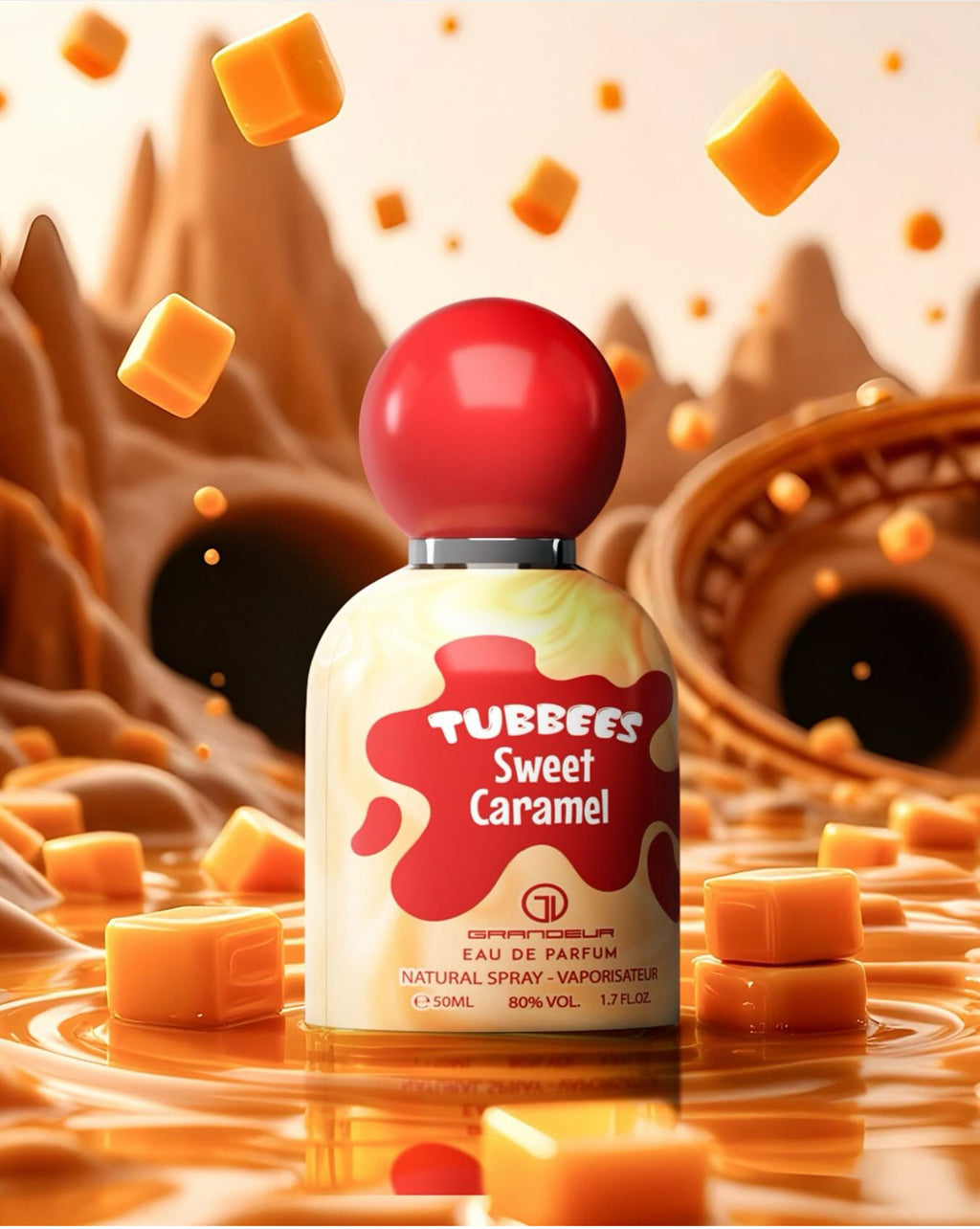 Fragancia femenina Grandeur Sweet Caramel con notas de caramelo vainilla y almendra tubbees