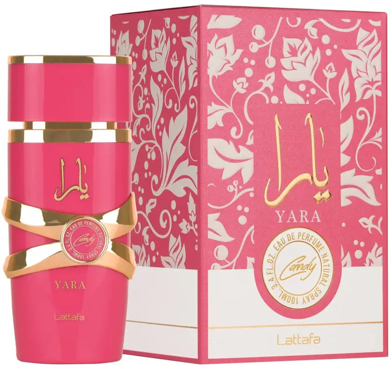 perfume femenino lattafa yara candy 100ml eau de parfum con diseño colorido y esencia gourmand mezcla de frutas flores y vainilla