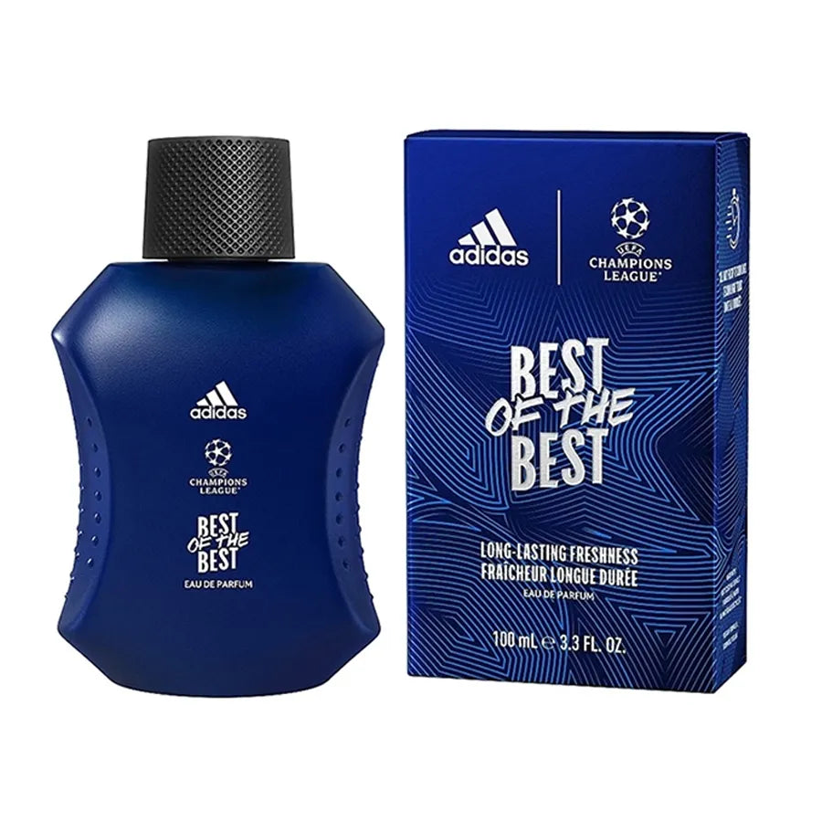 adidas best of the best perfume de 100 ml eau de parfum para hombre inspirado en la champions league aroma dinámico frasco azul con detalles plateados