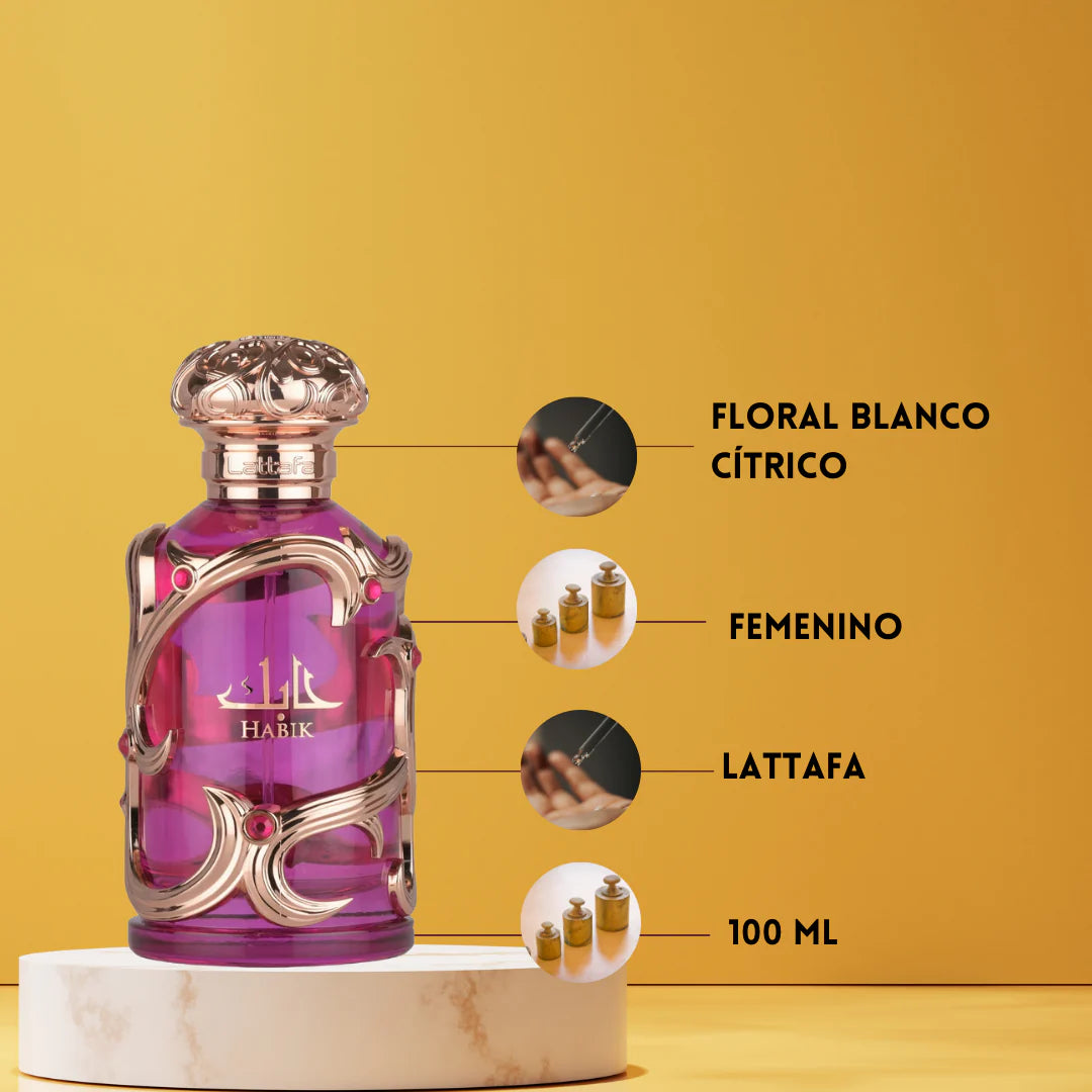 Presentación completa del perfume Habik Lattafa 100ml con su caja original y frasco transparente resaltando su aspecto femenino y moderno