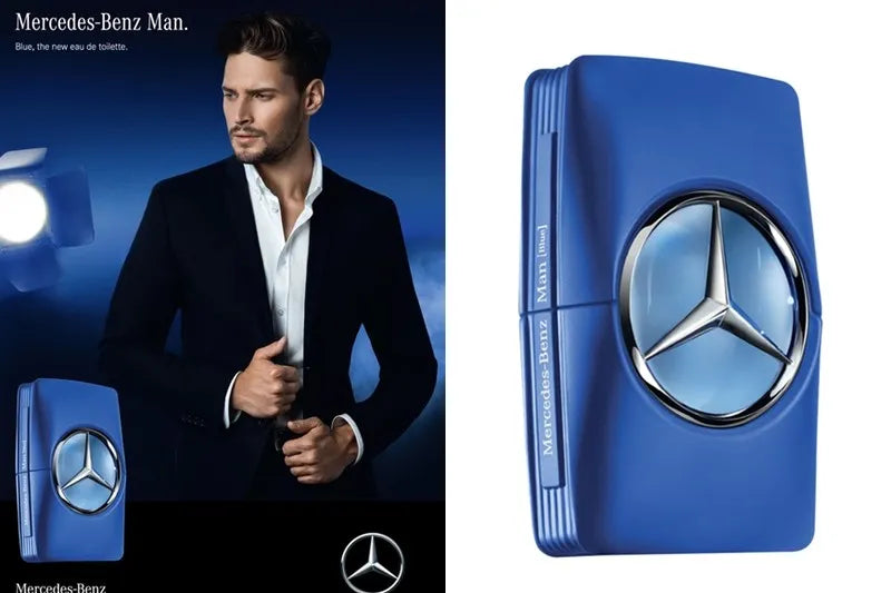 detalle del perfume mercedes benz man blue edt de 100ml resaltando su estilo contemporáneo y sofisticación masculina