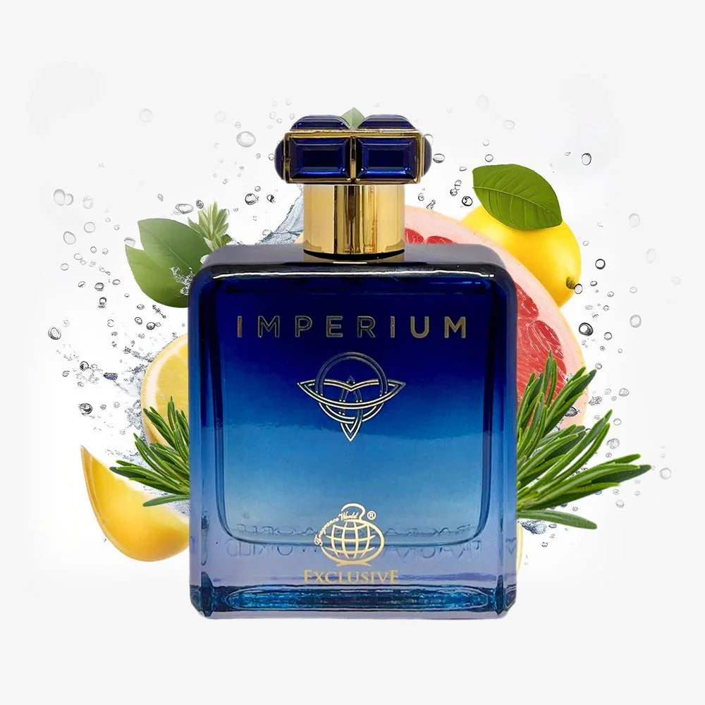 Perfume de lujo Imperium Exclusive Fragrance World con frasco rectangular y tonos metálicos que reflejan elegancia masculina
