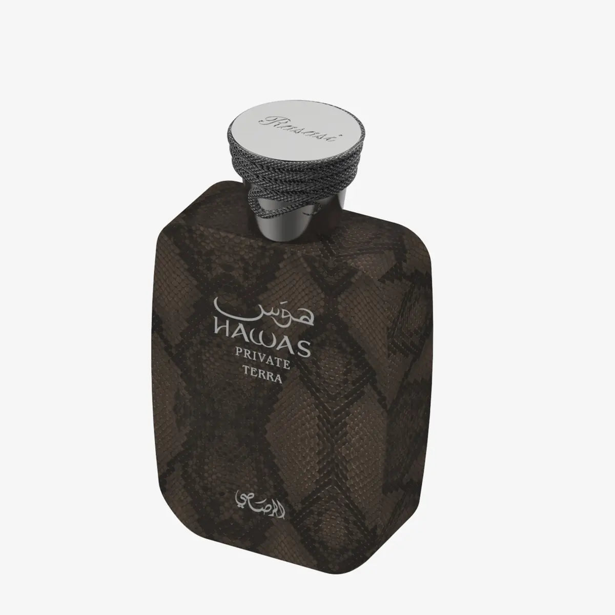 Frasco de Hawas Private Terra Rasasi 100 ml EDP, perfume unisex amaderado y especiado