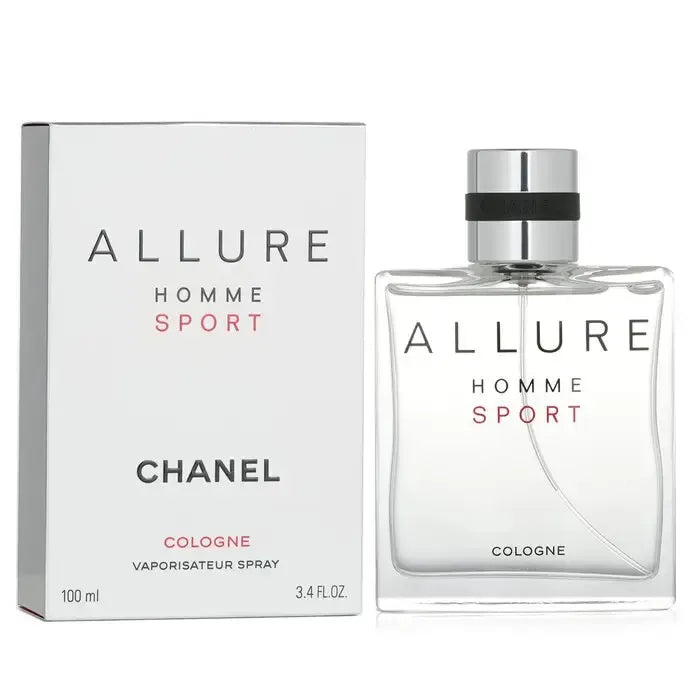 detalle del frasco chanel allure homme sport cologne hombre 100ml con tapa negra y líquido claro