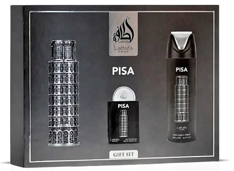 Vista frontal del estuche set Pisa Lattafa Pride set 100ml hombre