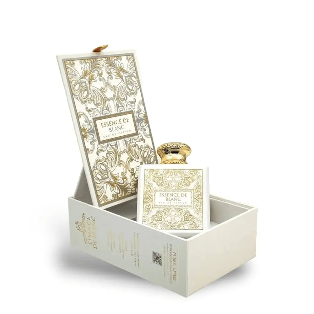 Detalle del frasco del perfume French Avenue Essence De Blanc resaltando la textura del vidrio y la tapa metálica