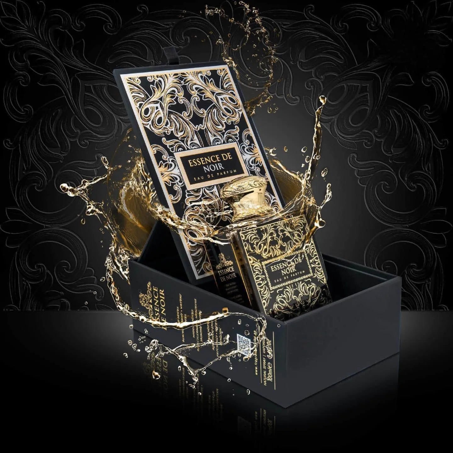 Vista frontal del perfume French Avenue Essence De Noir 100ml  fragrance world mostrando su empaque y botella de vidrio de alta calidad