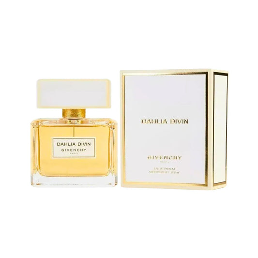 Perfume Givenchy Dahlia Divin 75ml Eau De Parfum con frasco dorado y tapa transparente sobre fondo blanco