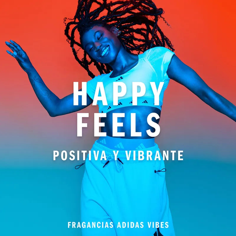 Alt: Detalle del frasco del perfume Adidas Happy Feels Vibes 100ml