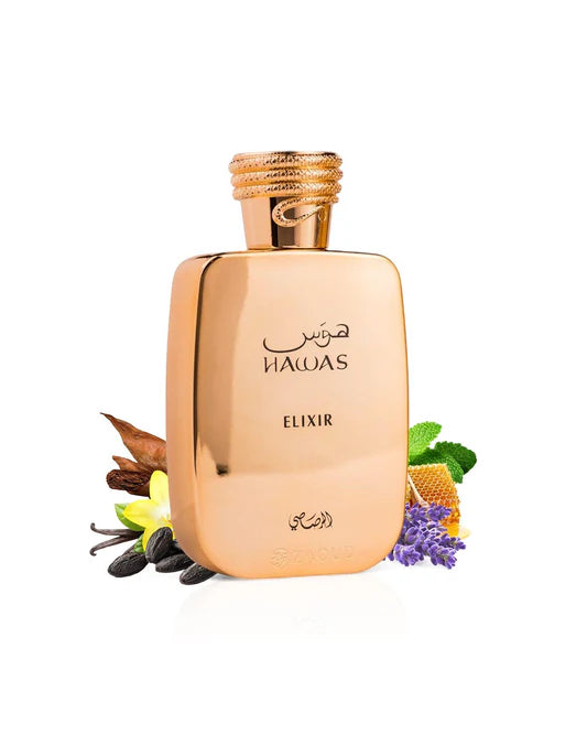 Vista frontal del perfume Hawas Elixir de Rasasi mostrando su botella con detalles metálicos y tapón brillante