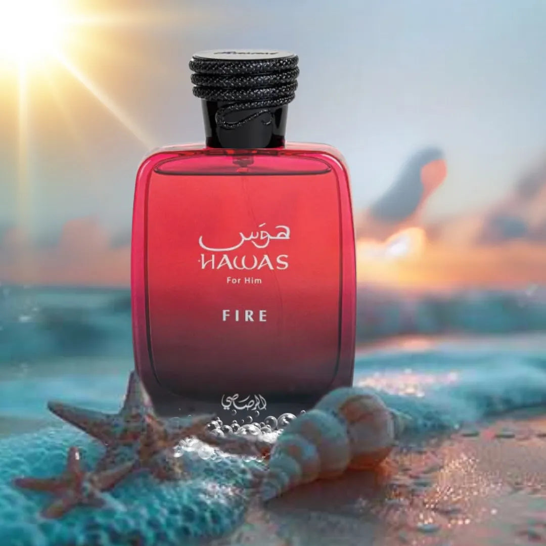 imagen del perfume hawas fire sobre fondo neutro mostrando su familia olfativa ámbar especiada