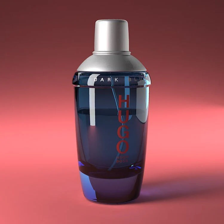 Vista detallada del frasco de perfume Dark Blue travel edition voyage Hugo Boss 75ml mostrando su diseño sofisticado y tono azul intenso