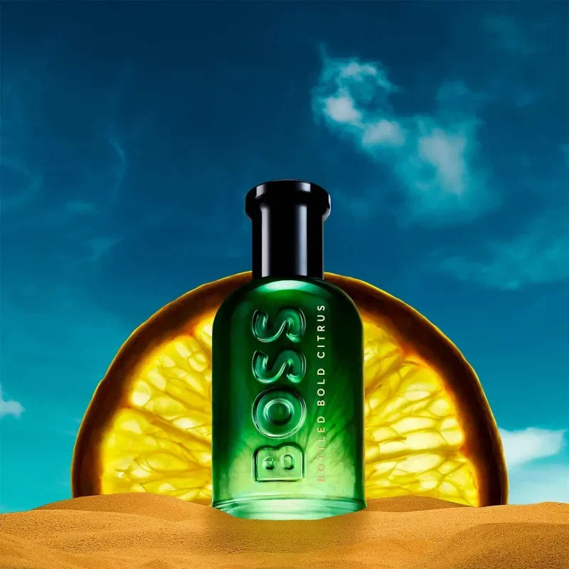 presentacion completa del perfume hugo boss bold citrus con frasco y caja en composicion ordenada