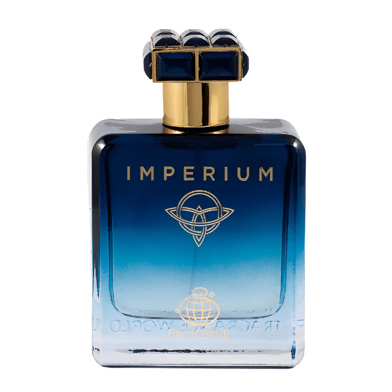 Detalle del frasco del perfume Imperium Exclusive Fragrance World con tapa metálica y diseño sofisticado para hombre