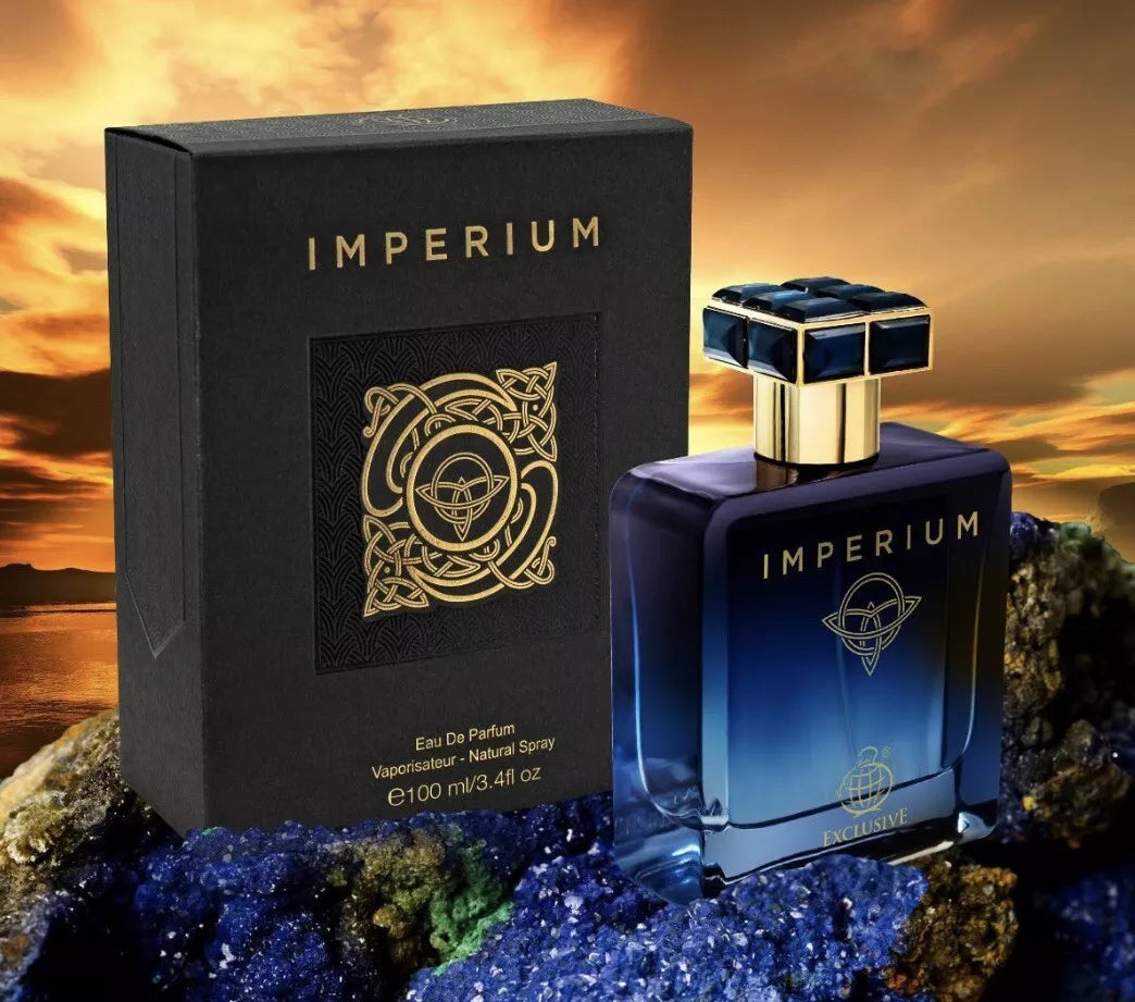Fragancia masculina Imperium Exclusive de Fragrance World aroma amaderado aromático en frasco moderno de 100ml