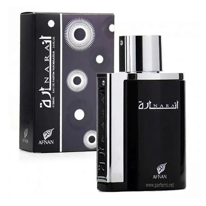 envase del perfume masculino afnan inara black eau de parfum sobre fondo blanco