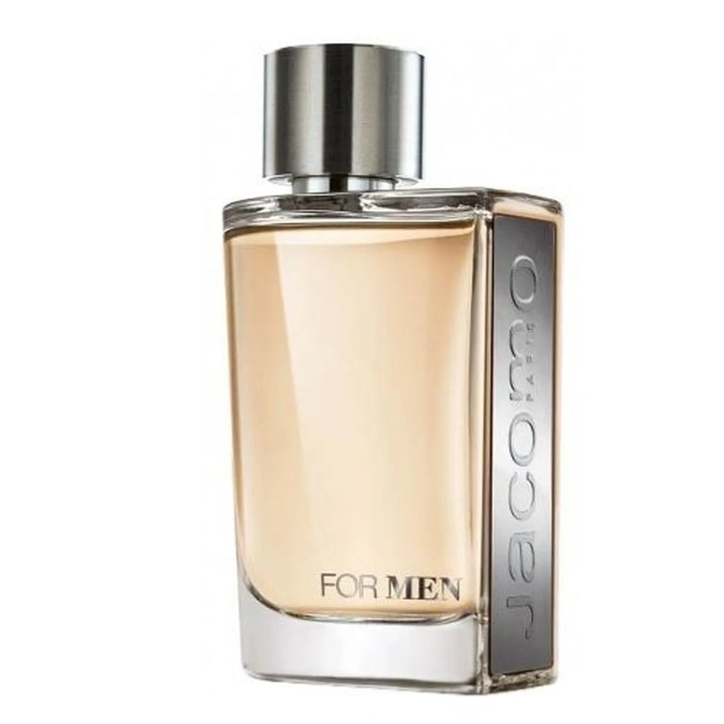 frasco del perfume jacomo for men mostrando el diseño minimalista y el color claro del líquido aromático