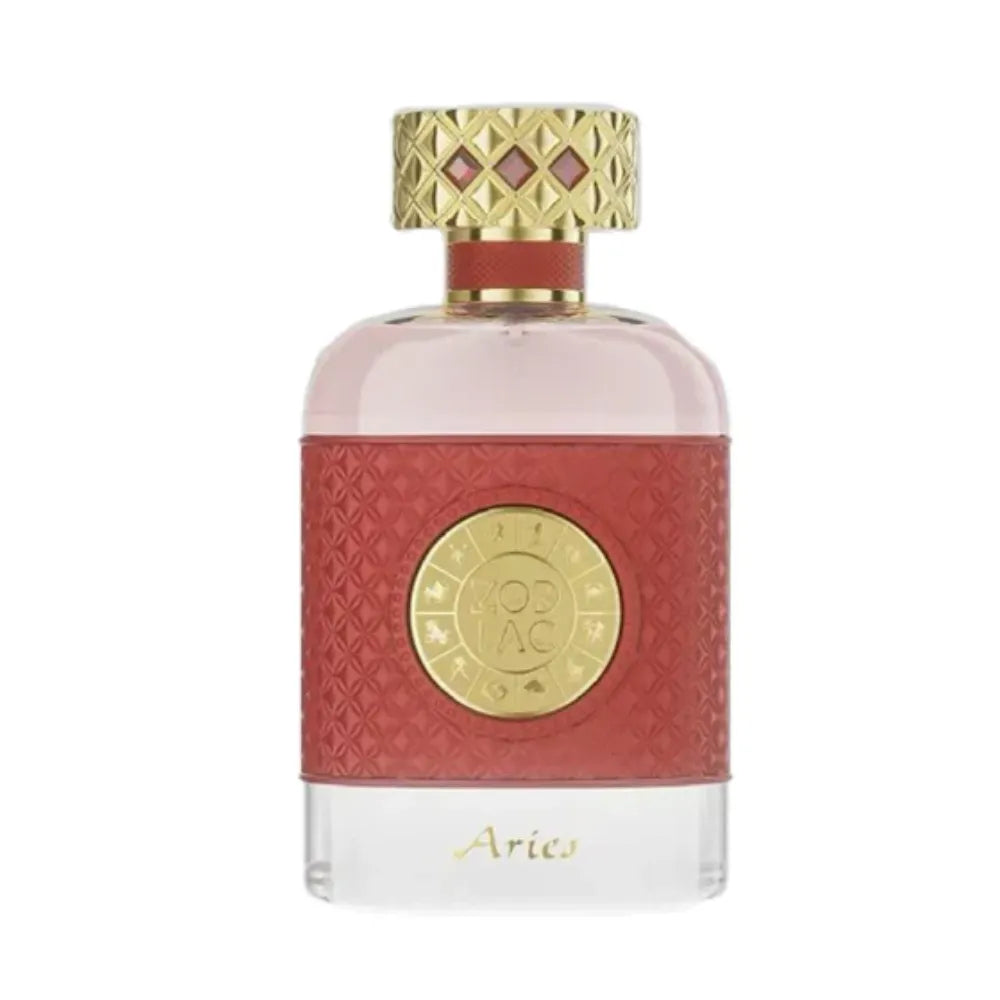 frasco del perfume aries zodiac jo milano mostrando el tapón dorado y la etiqueta negra con letras doradas