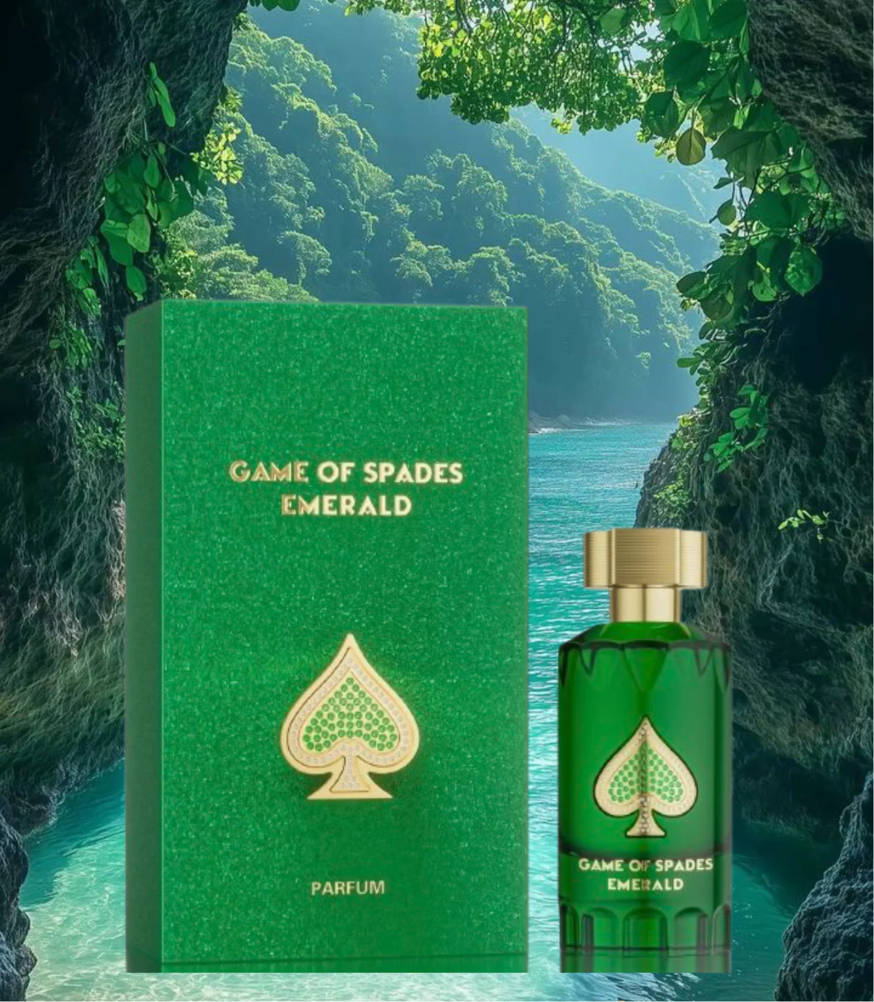Fragancia Jo Milano Game Of Spades Emerald aroma amaderado especiado en frasco de lujo color verde esmeralda